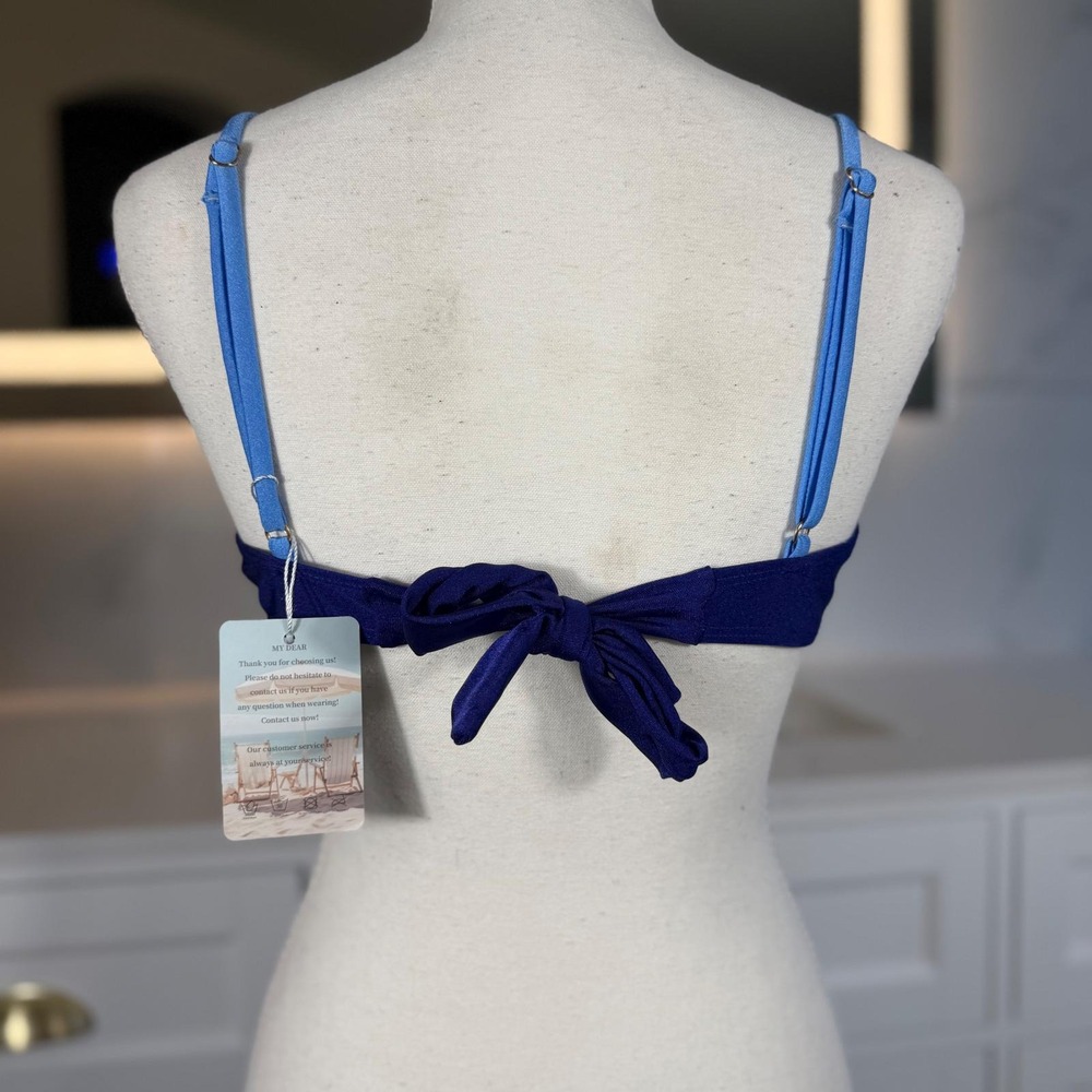 Bahomebakini Bikini Top Womens Small Blue Colorblock Bandeau Tie Back Swim NWT - Picture 10 of 14